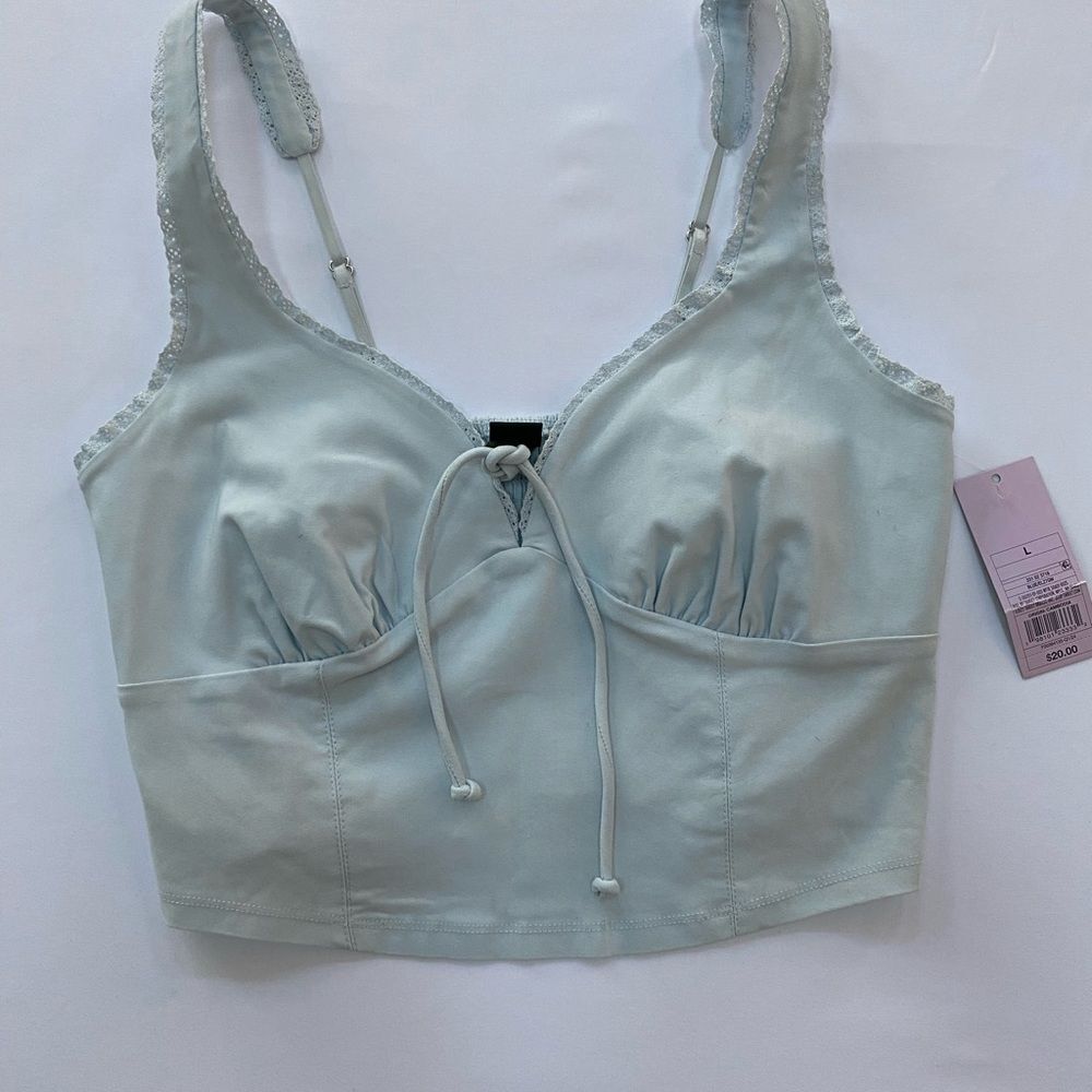 Wild Fable Baby Blue Lace Trim Tie Front Crop Top - Size Large